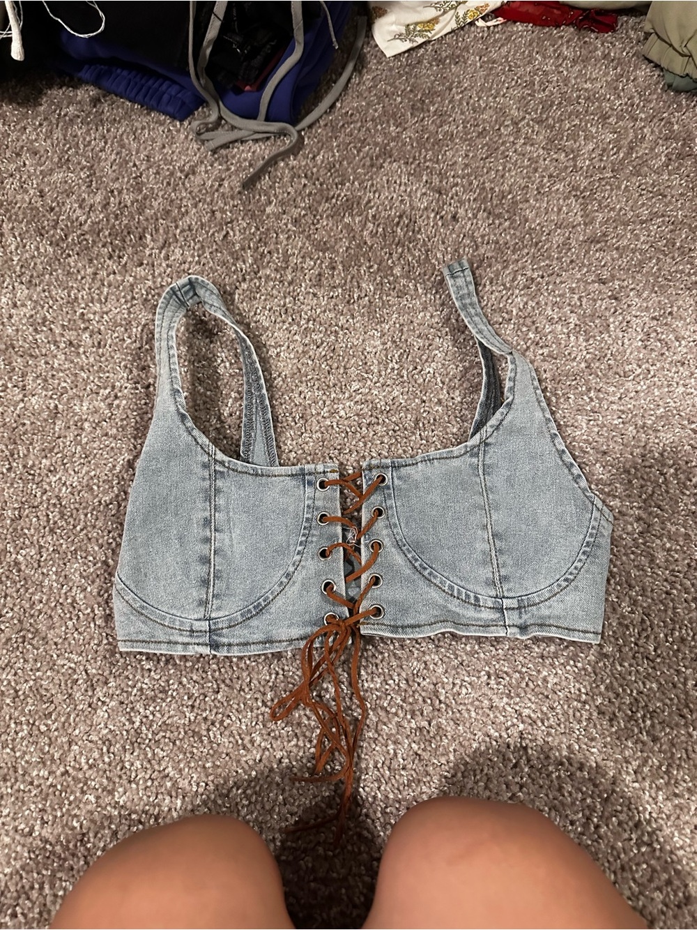 SHEIN Light Blue Denim Lace-Up Crop Top